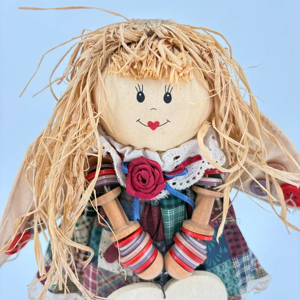 Primitive Folk Art Angel Doll Welcome Friends Patchwork Button Spool Decor 12in - Picture 3 of 7